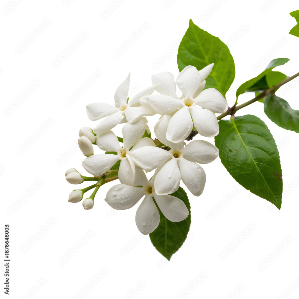 Obraz premium White Flowers Grow on a Branch in a Simple Display Against a White Background