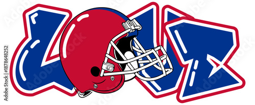 Love - royal blue and red football player helmet, sport vector graphics, hockey, for street art - graffiti lettering typography - art illustration - multicolor - writen Word -