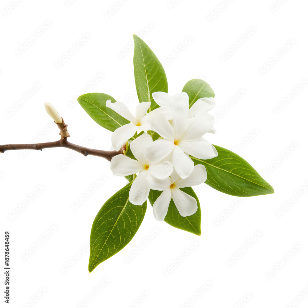 Fototapeta premium Flowering Branch Brings Bright Blooms and Green Leaves to a Simple Setting