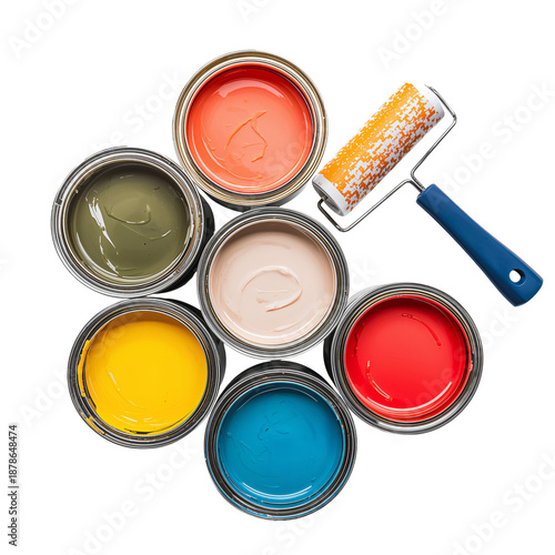 Different Colors of Paint in Cans With a Paint Roller on a White Background