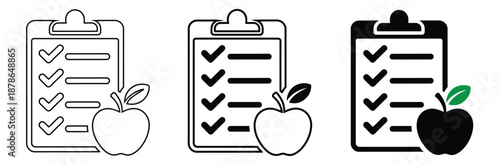 Checklist icons with apples in different styles and colors,Checklist icon set. Containing clipboard with check mark, document, checkbox on paper icon vector illustration.