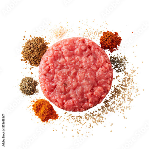 Four Raw Meat Patties With Fresh Tomatoes and Spices Arranged on a White Back...