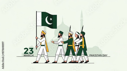Pakistani Soldiers Marching with Flag on Pakistan Day 23 March