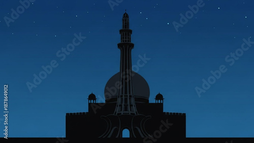 Mosque Silhouette at Night with Stars, Minaret and Dome against Dark Blue Sky