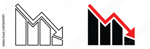 Business graphs showing decline trends with arrows,Arrow pointing downwards showing crisis. Business graph with down arrow. Business icon. Bar Graph Showing Downward Trend Vector Design 