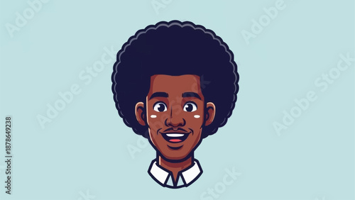 Cartoon illustration of a smiling man with an afro hairstyle.