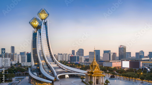 A modern architectural complex with unique towers topped with golden crystals in Phnom Penh, Cambodia. The cityscape at dusk combines traditional Khmer style with high-tech architecture. Wide-angle, s