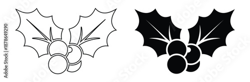 Holly leaves and berries in black and white illustrations,Holly berry icons. Cartoon holly leaves and berries. Christmas logo with holly leaves and berries. vector illustration.
