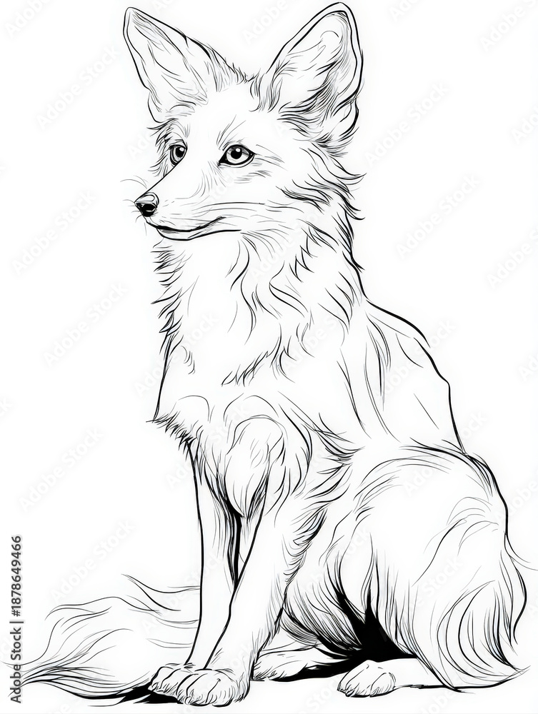 Fototapeta premium Hand Drawn Black and White Line Art Illustration of Beautiful Fennec Fox with Large Ears and Fluffy Tail Sitting Gracefully Isolated on White Background for Adult Coloring Pages and Creative Projects