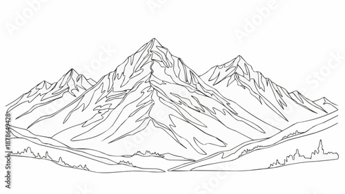 Detailed sketch of majestic mountain peaks and valleys.