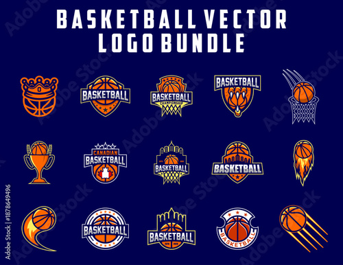 Professional Basketball Vector Logo Bundle with Team Emblems, Championship Trophies, and Flaming Ball Icons for Sports Apparel Branding, Tournament Marketing, Youth League Identities, and Merchandise