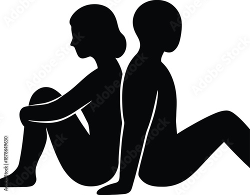 Silhouette of two people sitting back to back in a contemplative mood with black outlines on white background