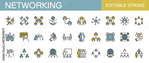 ビジネスネットワーク　ネットワーキングに関するアイコンセット（線幅変更可能・カラー）