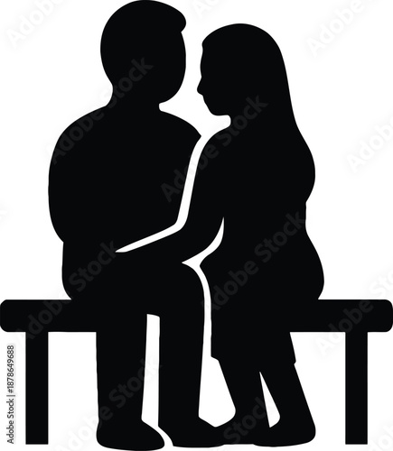 Silhouette of loving couple sitting together on bench in romantic pose