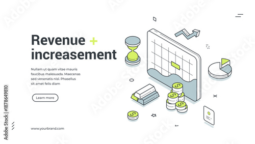 Isometric web banner for revenue increasement. Vector illustration template for financial growth. Modern design with chart, coins for investment strategy and profit analysis
