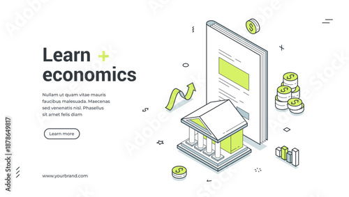 Web banner for learning economics. Isometric vector illustration template for online education and financial literacy. Modern design with book, bank, coins for knowledge and investment growth