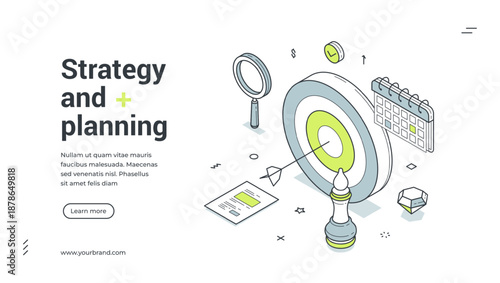 Web banner for business strategy and planning. Isometric vector illustration template. Modern design with target, chess, calendar for goal achievement and project management success