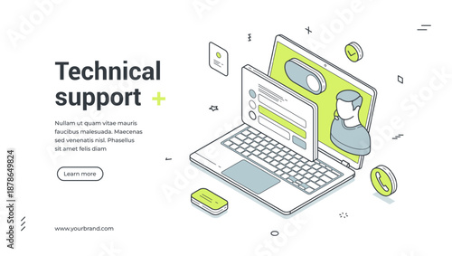 Web banner for technical support. Isometric vector illustration template for online helpdesk, computer repair and user assistance. Modern design with laptop, operator icon and call button