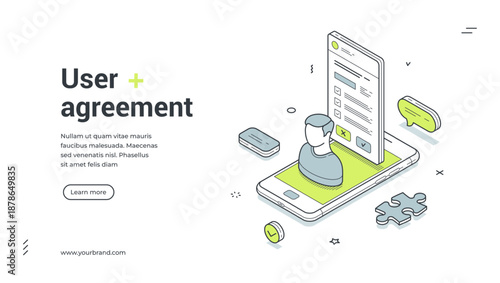 Web banner for user agreement. Isometric vector illustration template with smartphone and contract form. Use for online terms of service, privacy policy, and legal document concepts