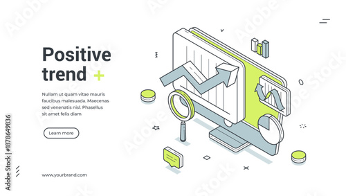 Web banner for positive trend and business analytics. Isometric vector illustration template with computer, charts and graphs for data analysis, financial report and marketing success concept