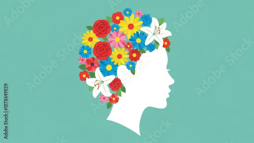Woman with Floral Head Silhouette on Green Background