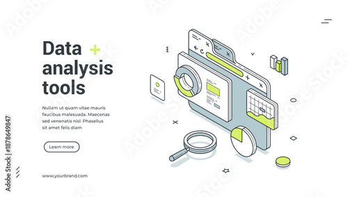 Web banner for data analysis tools. Isometric vector illustration template for business intelligence. Modern design with browser, charts, magnifying glass for analytics and big data research