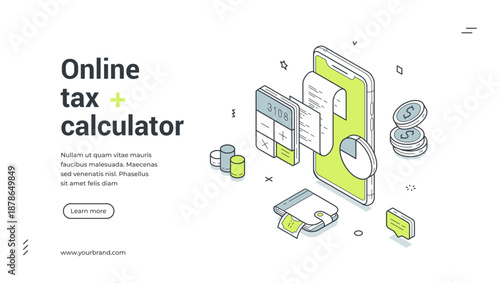 Web banner for online tax calculation. Isometric vector illustration template for financial service and accounting. Modern design with smartphone, calculator, coins, and wallet for payment