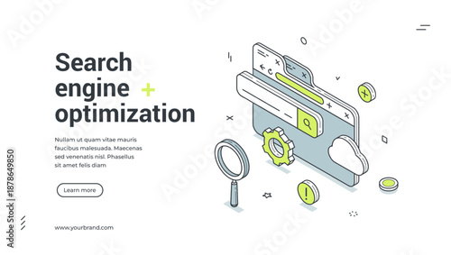 Web banner for search engine optimization. Isometric vector illustration template for SEO and digital marketing. Modern design with browser, magnifying glass, gear and cloud for data analysis