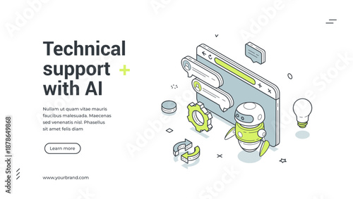 Web banner for technical support with AI. Isometric vector illustration template for customer service chatbot. Modern design with robot, chat for online help and technology assistance