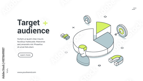 Web banner for target audience research. Isometric vector illustration template for marketing strategy. Modern design with pie chart, user icon, magnet for business presentation