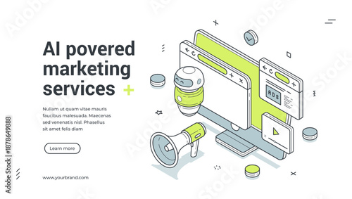Web banner for AI powered marketing services. Isometric vector illustration template for digital promotion. Modern design with robot, computer for business automation and advertising