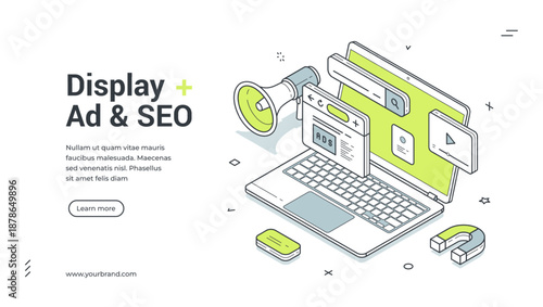 Digital marketing web banner for display ad and SEO. Isometric vector illustration template. Modern design with laptop, megaphone, magnet for promotion and customer attraction