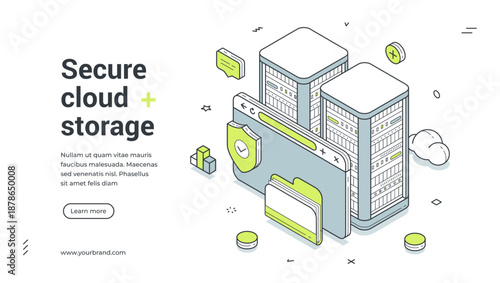 Web banner for secure cloud storage. Isometric vector illustration of a datacenter with server racks and data protection shield. Modern template for a hosting service landing page