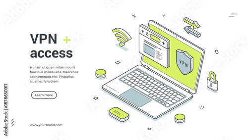 Web banner for VPN access. Isometric vector illustration of a secure internet connection with laptop and privacy shield. Modern template for a technology or security service landing page