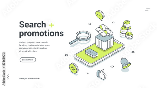 Web banner for search promotions and online shopping. Isometric vector illustration of a loyalty program with a smartphone, gift box, and bonus coins. Modern template for an e-commerce landing page