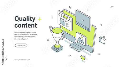 Web banner for quality content creation. Isometric vector illustration with computer, trophy, media icons. Modern template for a digital marketing or creative agency landing page