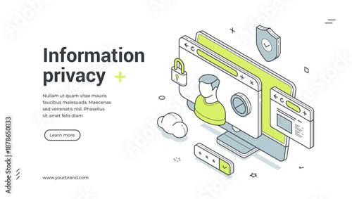 Web banner for information privacy. Isometric vector illustration of data protection. Modern template for a cybersecurity landing page with user profile, lock and shield icons