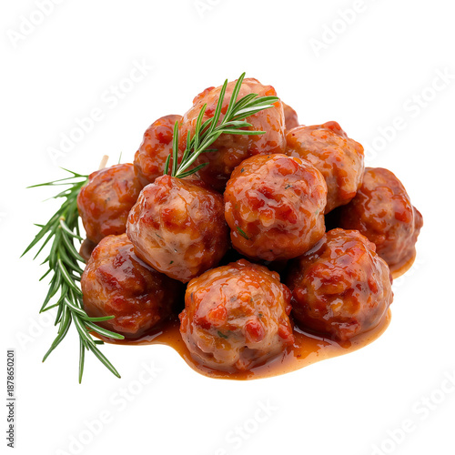 Meatballs With Herbs Arranged in a Circle on a White Background
