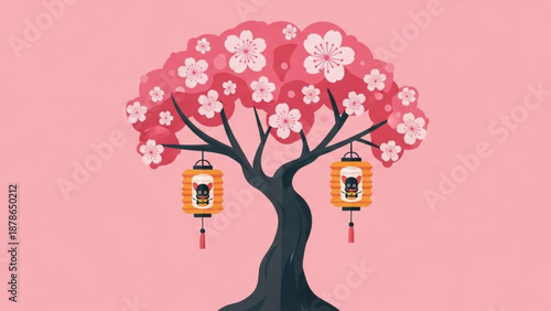 Cherry Blossom Tree with Lanterns on Pink Background