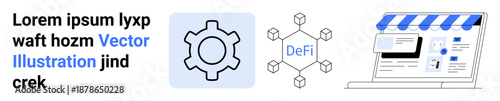 Gear icon, decentralized finance network with nodes labeled DeFi, storefront website visuals. Ideal for fintech, blockchain, e-commerce, web development, innovation, technology systems simple