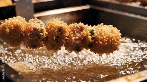 Deep Frying Breaded Kushiage Skewers in Hot Oil