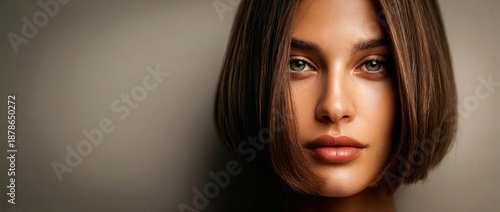 1960s inspired short brunette bob haircut beauty portrait with copy space
