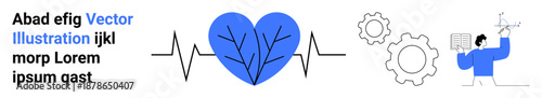 Medical technology, cardiology, innovation, research, healthcare, diagnostics. Blue heart with heartbeat line, gears innovation and scientist analyzing data. Cardiology and innovation concepts
