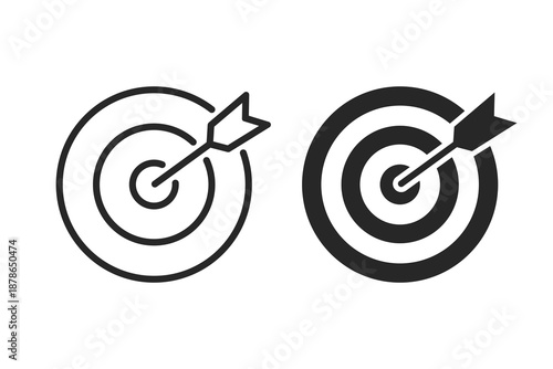 Target icon set. Goal symbol collection. Simple target with arrow. Target with arrow icon set. Line and glyph aim dart board.