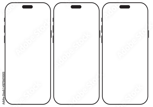 smartphone mockup with blank white screen in flat, line and realistic style, detailed mobile phone mockup, black and white models smartphone front view, model 3D mobile phone iphone