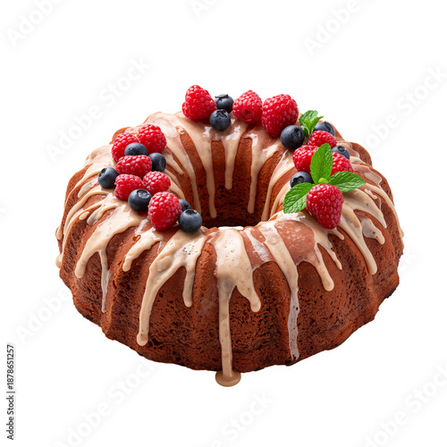 Bundt Cake Topped With Fresh Berries Served on a White Background