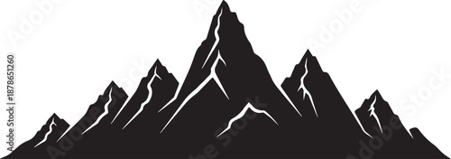 Minimalist silhouette of alpine mountain peaks range design isolated on white