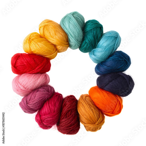 Colorful Yarn Balls Arranged in a Circular Pattern With Various Shades in Nat...