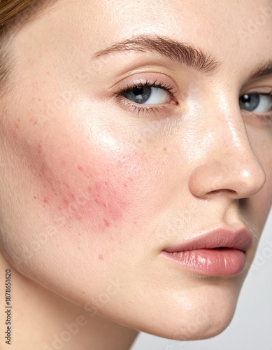 Close-up of the left cheek with visible redness, inflammation, and small bumps. Useful for dermatological studies and skincare visuals focused on sensitive or reactive skin.
