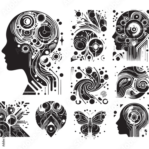 Black Abstract visuals representing AI learning Silhouette Vector, High Quality Illustration on White Background